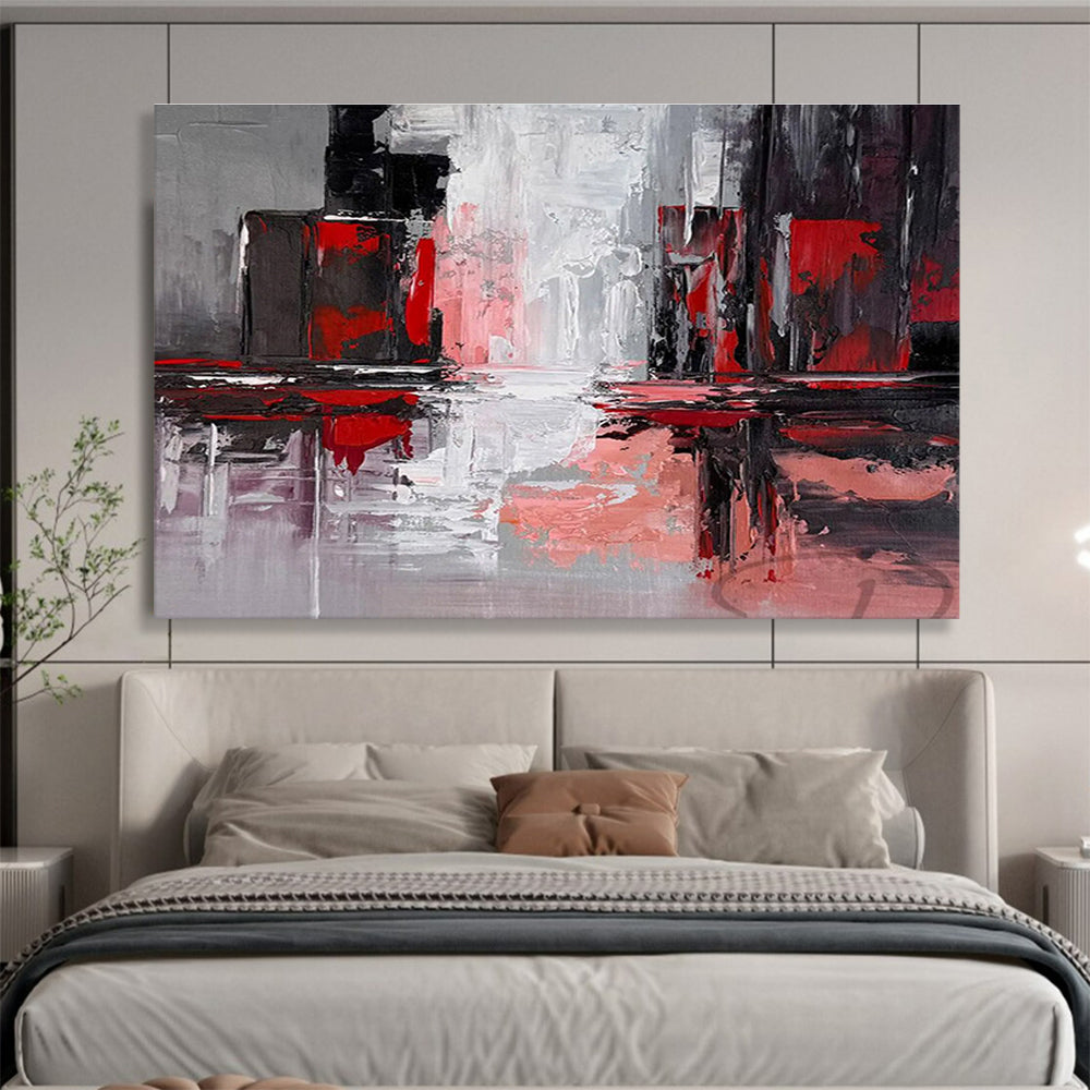Red and Gray Urban Reflections Cityscape Inspired Abstract Painting On Canvas DKH263