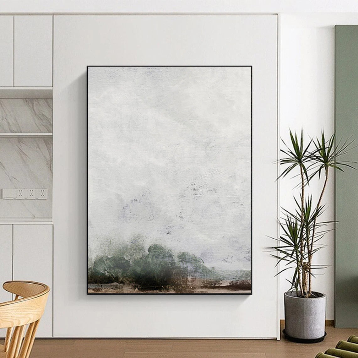 “Misty Gray Landscape” - Gray, Green Abstract Landscape Painting On Canvas DTP221