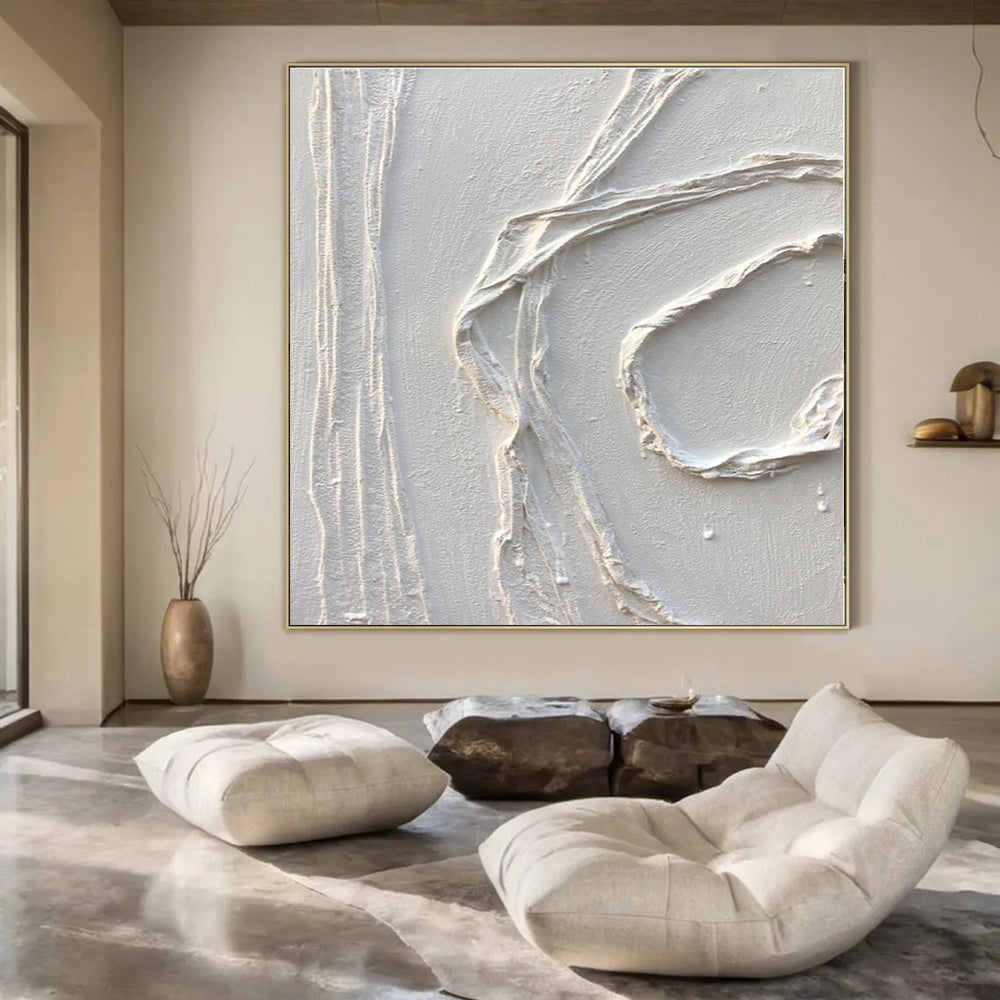 White Textured Curved Abstraction - Minimalist Textured Acrylic On Canvas CT1348