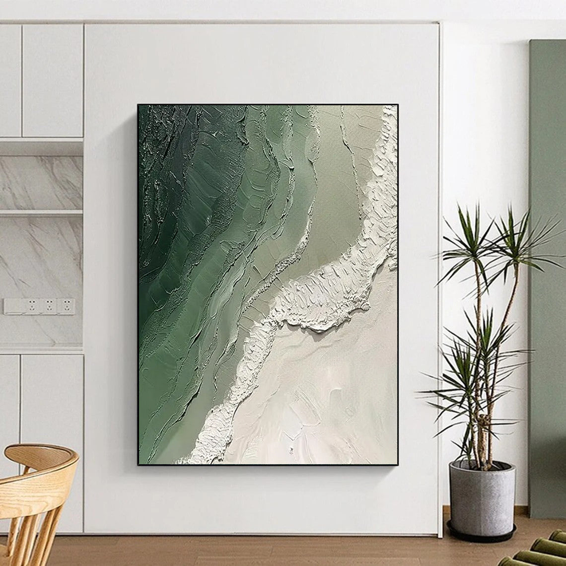 “Textured Green & White Abstract” - Abstract Painting On Canvas CT2353