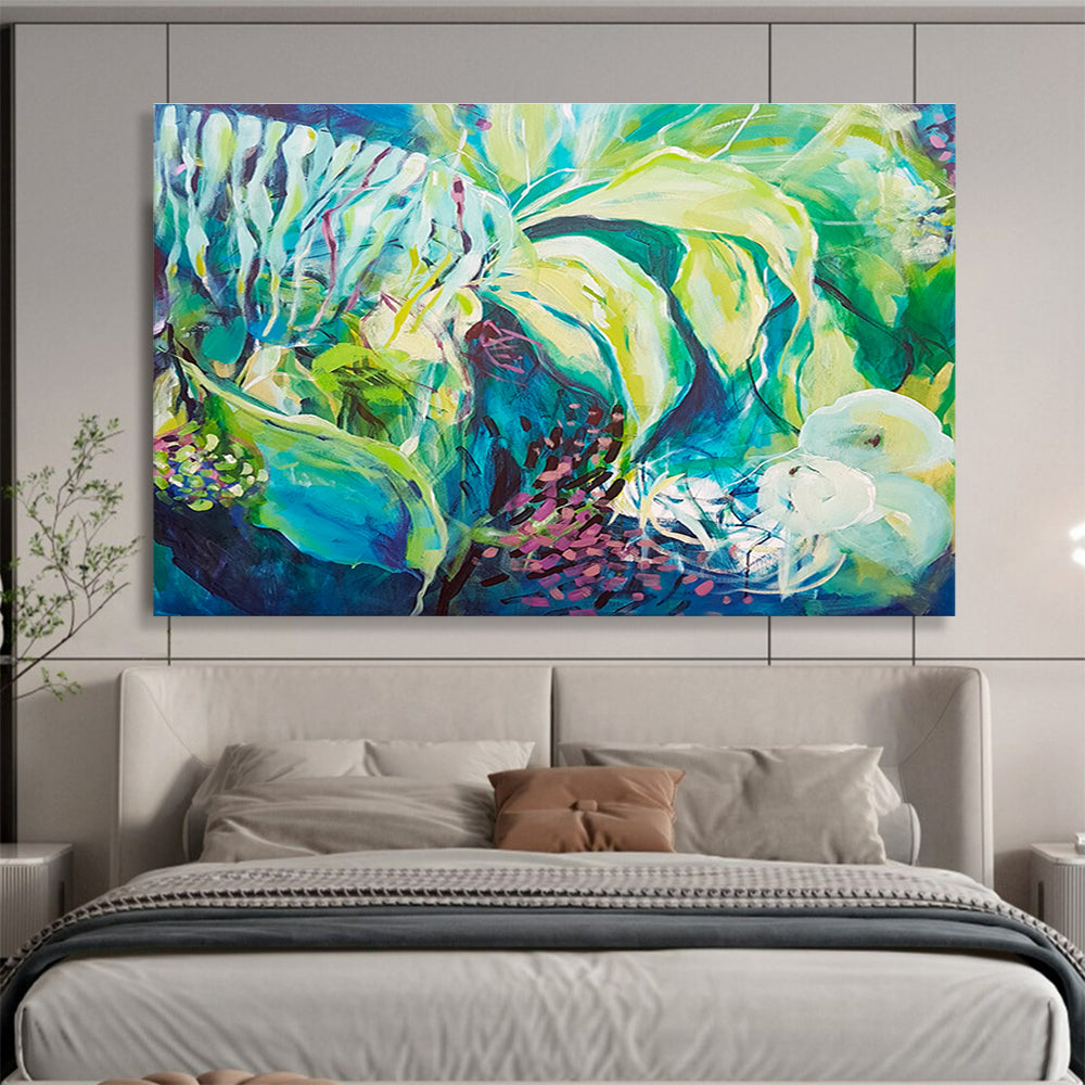 Abstract Floral in Green and Blue - Expressive Brushstrokes and Nature - Inspired Forms Painting On Canvas DKH055