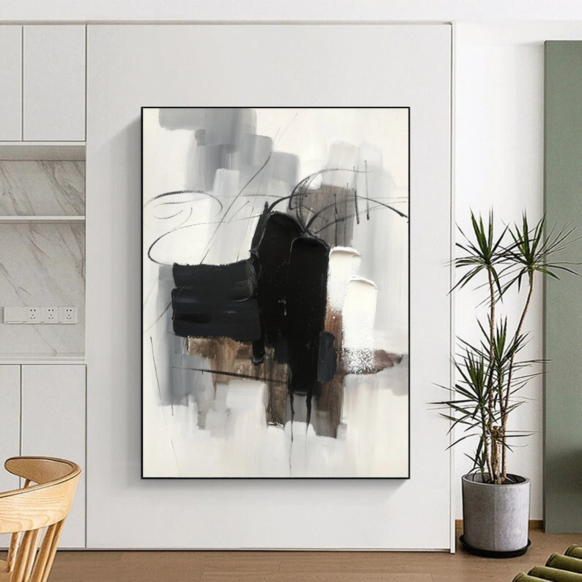 Black, Gray, and White Abstraction - Abstract Expressionist Painting On Canvas DKH1275