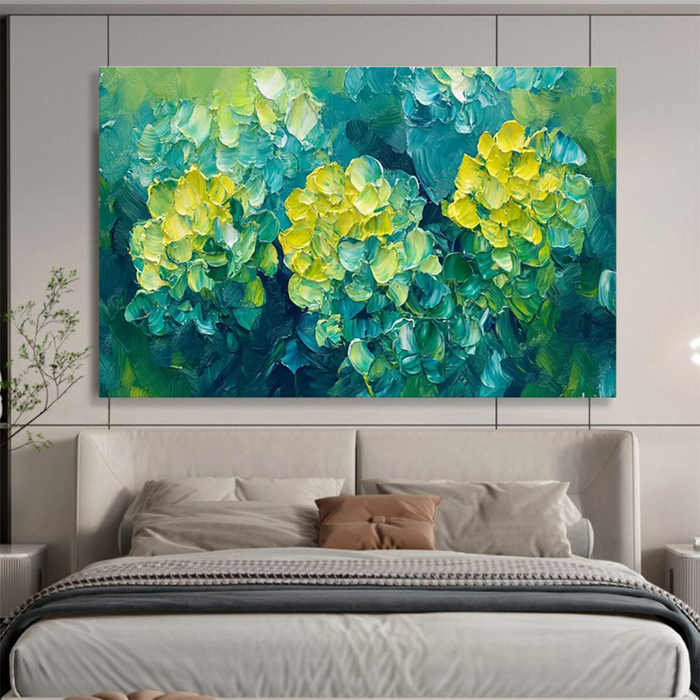 “Impasto Yellow Flowers on Green” - Fresh Botanical Painting On Canvas DKH799