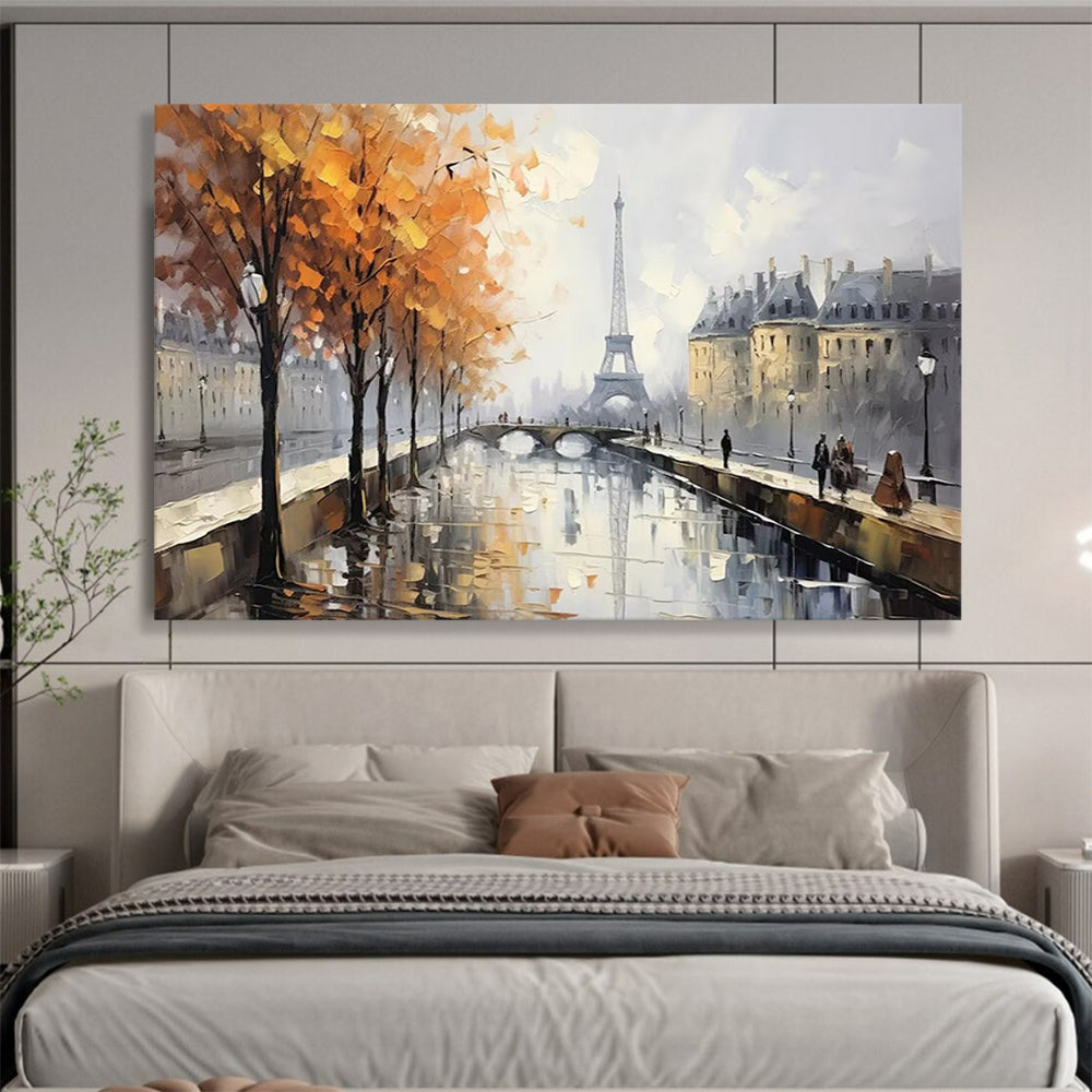 Autumn Paris River Scene with Eiffel Tower - Impressionist Landscape Painting On Canvas DLZ171