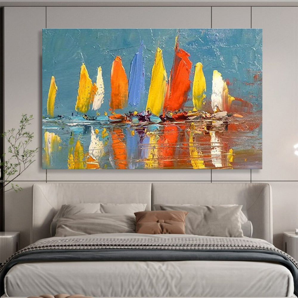 “Colorful Sailboats”:Impressionistic Marine Painting On Canvas DKH254