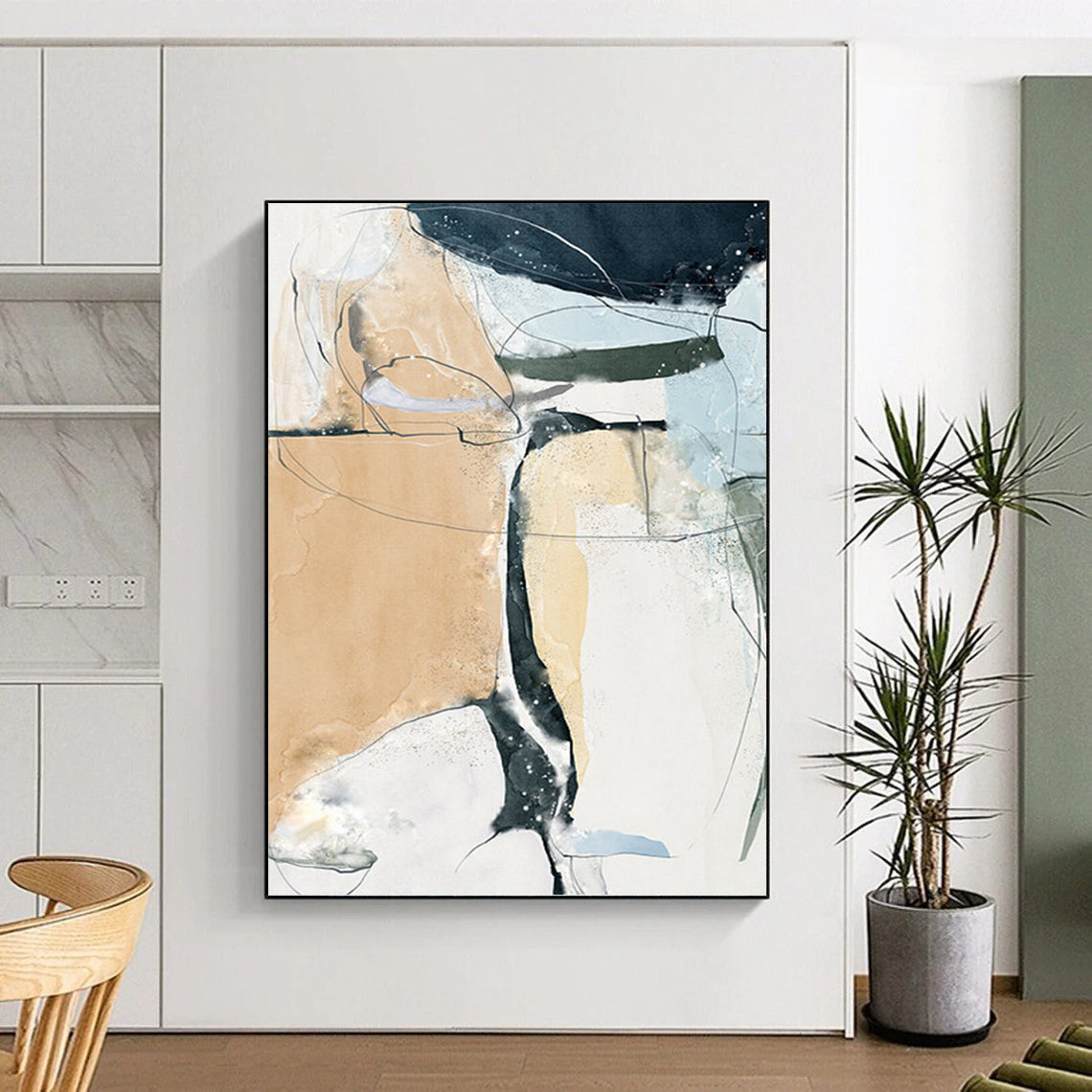 “Fluid Connections” - Beige, Blue, Black & White Abstract Lines Painting On Canvas DKH1523
