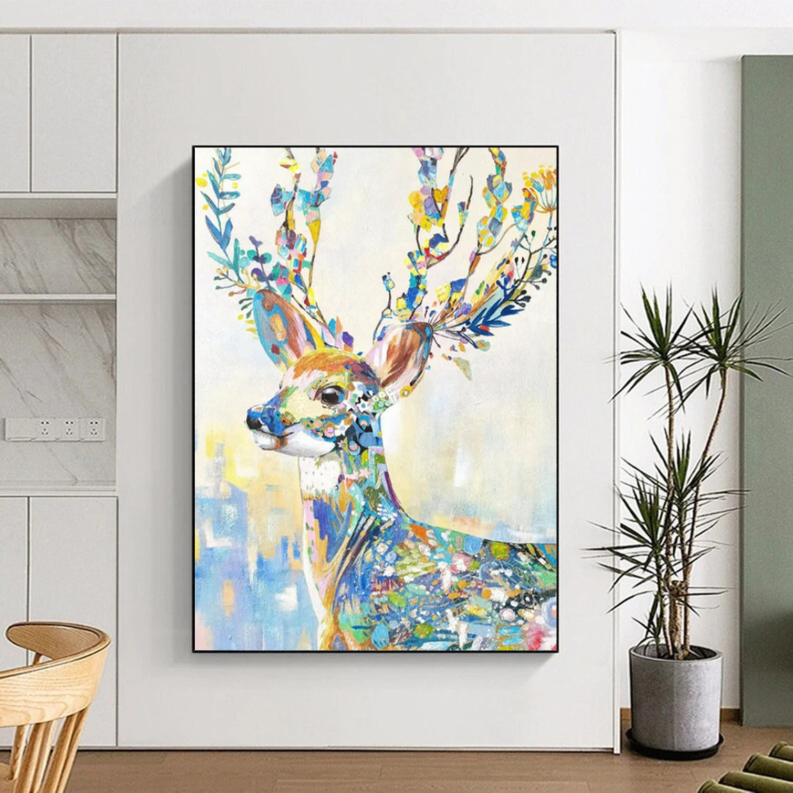 “Colorful Floral Deer” - Colorful Whimsical Animal Painting On Canvas CT2209