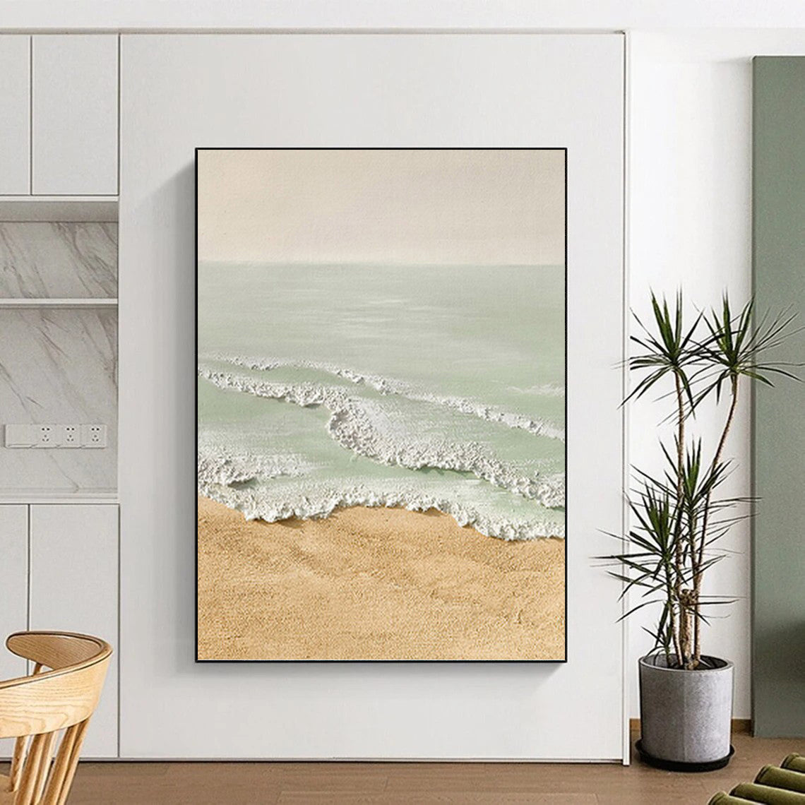 Textured Beach Scene in Beige and Green - Landscape Painting On Canvas DKH1489