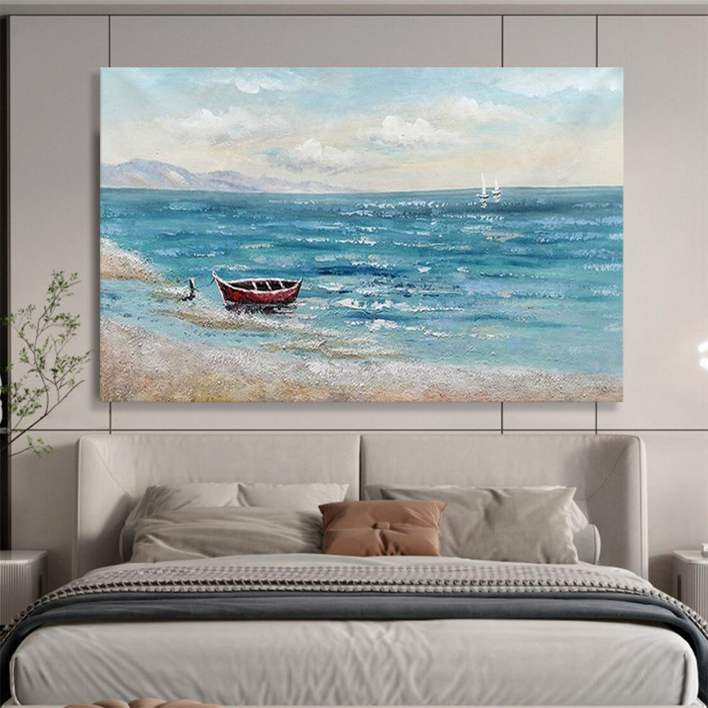 Blue Sea and Red Boat - Impressionist Seascape Painting On Canvas DLZ224