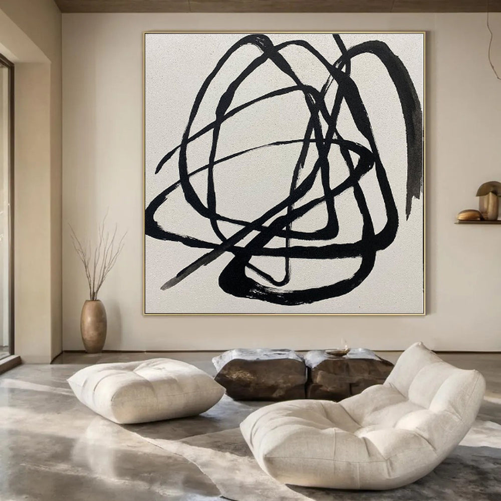 “Black Tangled Lines on White” – Expressive Abstract Painting CT1116