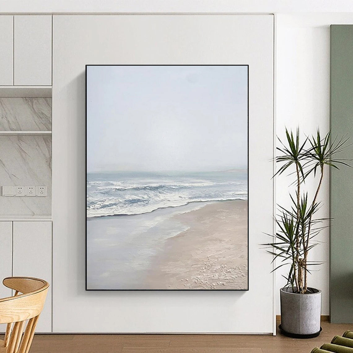 “Serene Gray Beach” - Gray, Blue, White Landscape Painting On Canvas DTP310