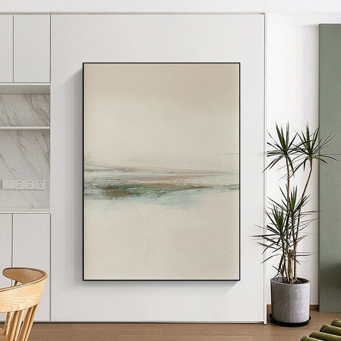“Minimalist Coastal Stripes” - Beige, Blue, Green Abstract Landscape Painting On Canvas DTP226