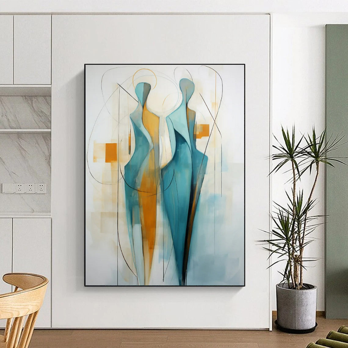 “Abstract Figures 2” - Blue, Orange & White Abstract Painting On Canvas CT2234