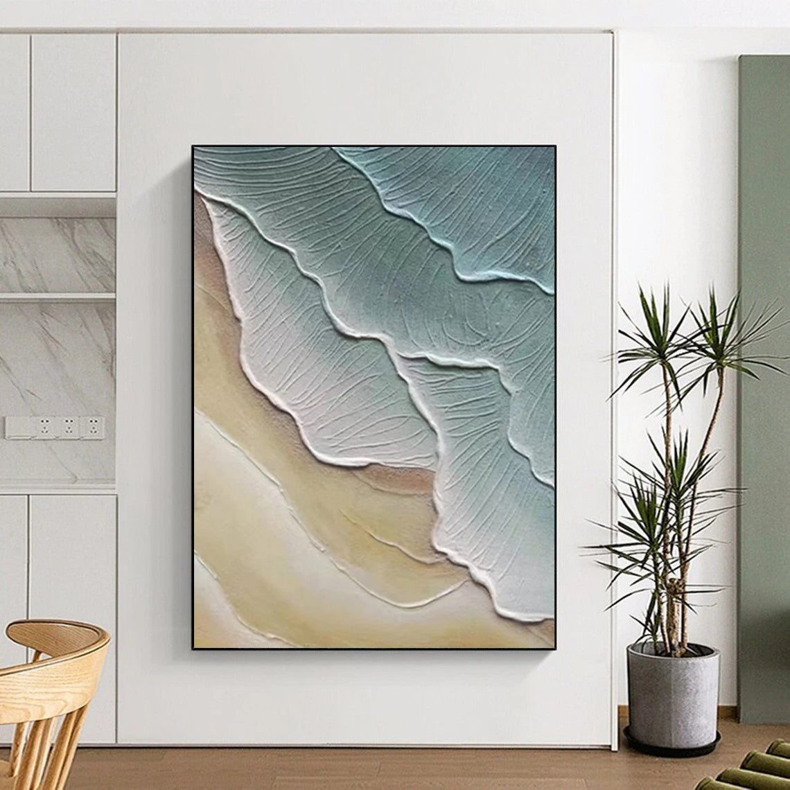 “Green, Beige Textured Layers ‘Earth’s Rhythm’” - Impasto Abstract Landscape Painting On Canvas DTP342