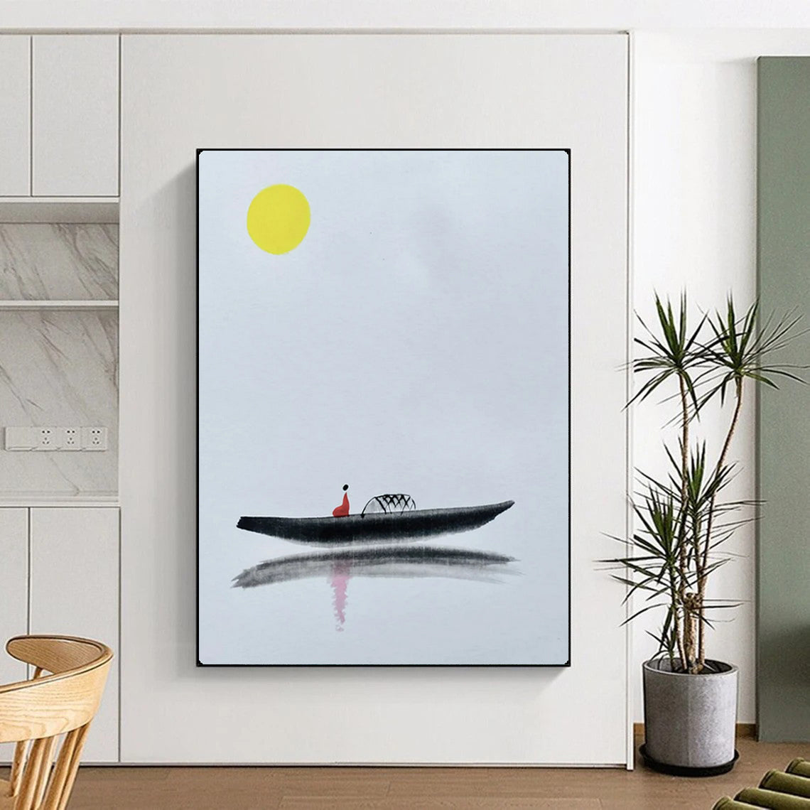 “Minimalist Chinese - Style Boat Scene” – Ink Wash - Inspired Painting On Canvas CT2163