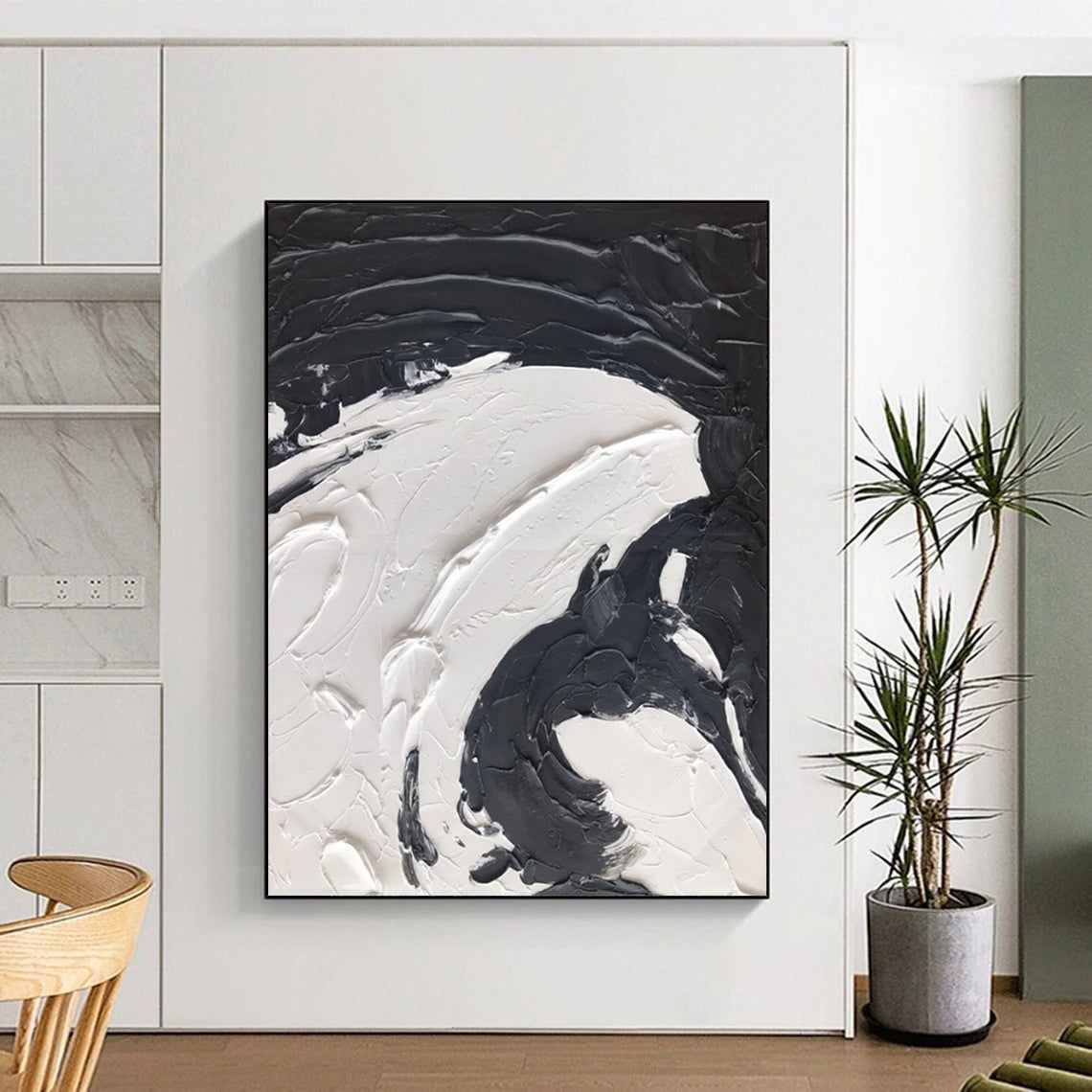 “Black, White Swirl ‘Yin - Yang Motion’” - Abstract Impasto Painting On Canvas DTP393