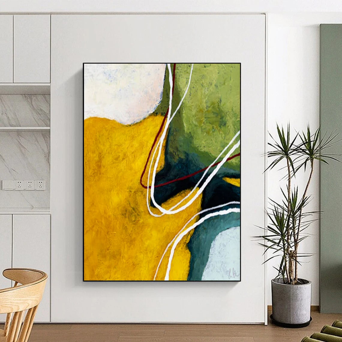 “Vibrant Color Block Abstract - Yellows, Greens, and Flowing Lines” Painting On Canvas CT2386