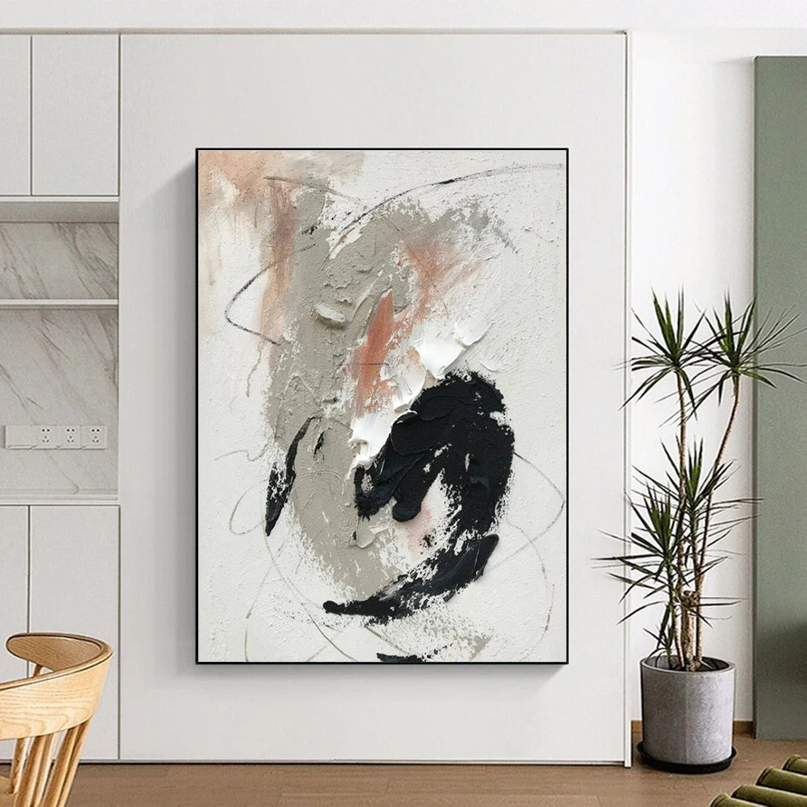 “Gray - Black - White - Peach Abstract Swirls” ,Abstract Acrylic Painting CT0809