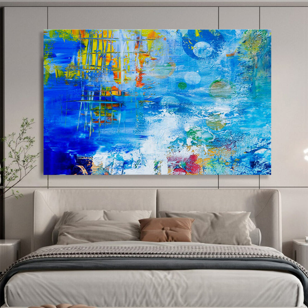 “Blue Abstract with Colorful Elements” Abstract Expressionist Painting On Canvas DKH439