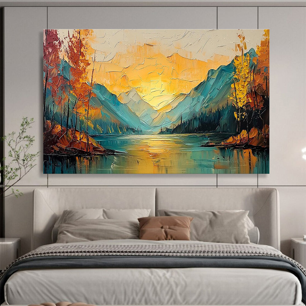 Mountain Sunset Lake - Orange, Blue & Yellow Landscape Painting On Canvas DKH907