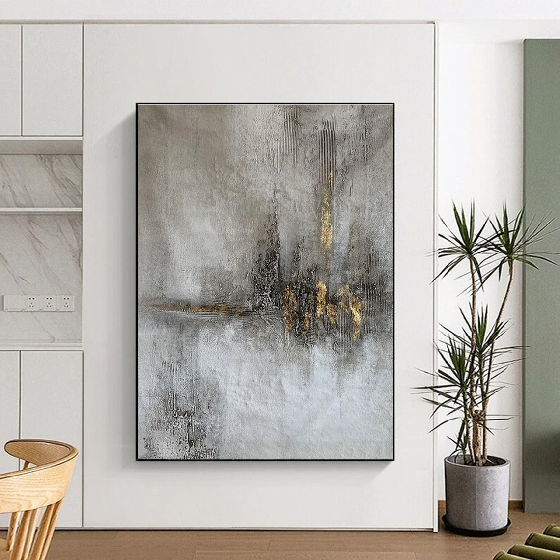 “Gold Accent on Gray” ,Minimalist Abstract Mixed - Media CT0900