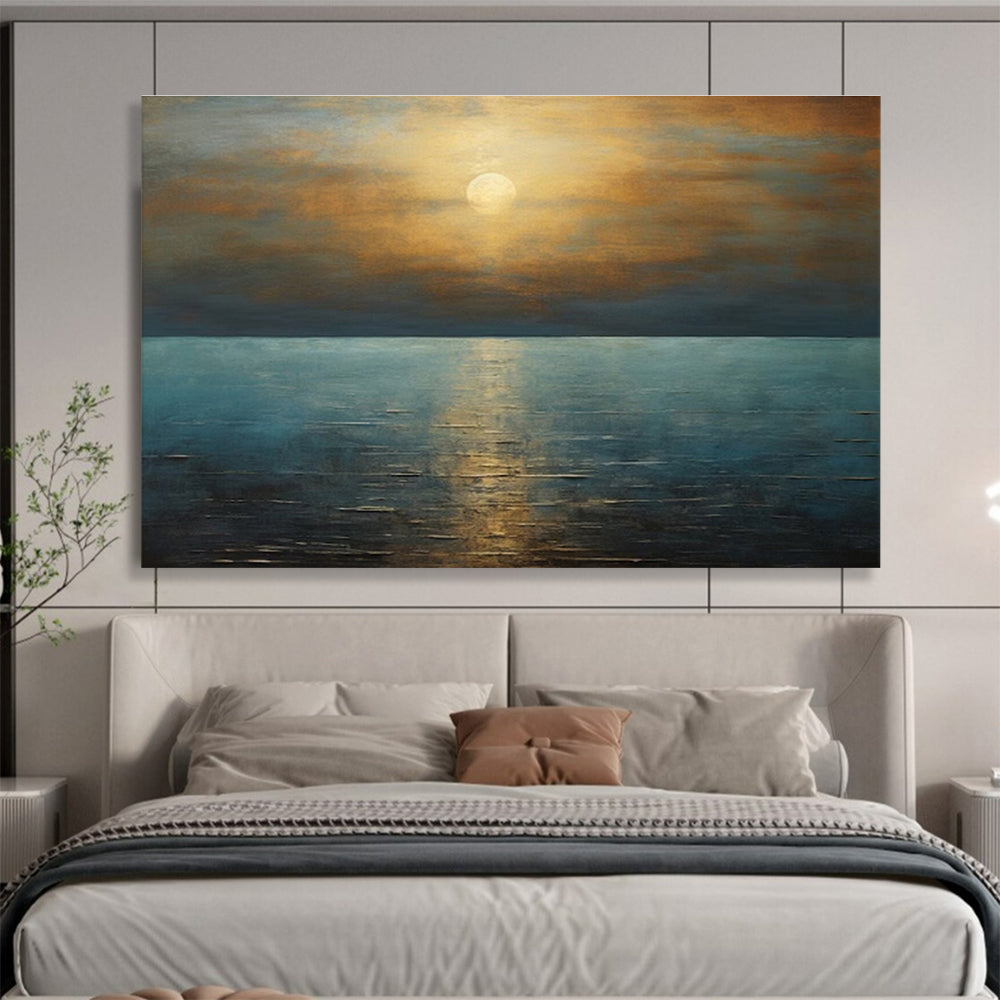 Golden Sunset and Blue Ocean “Serene Solar Reflections” Painting On Canvas DKH102