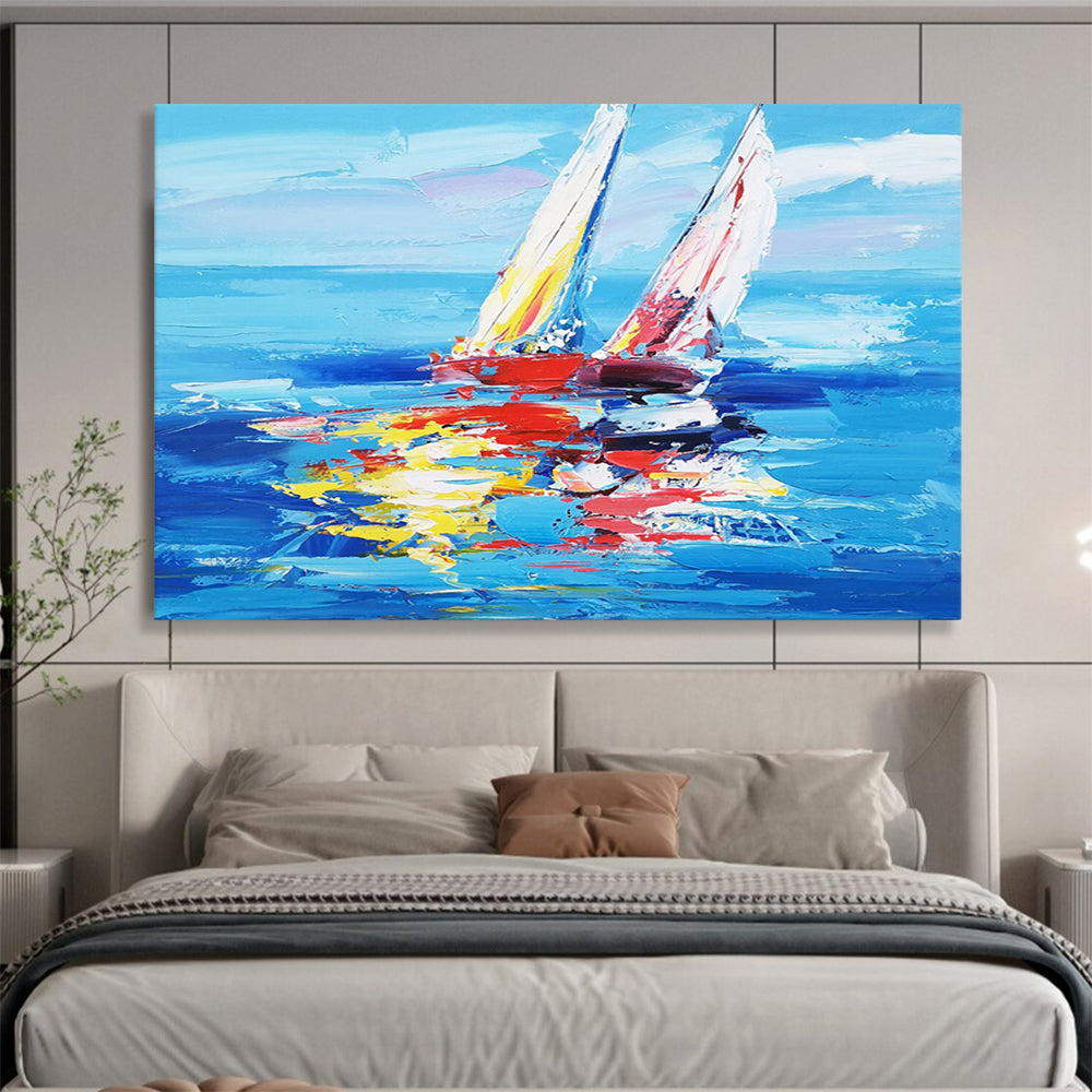 “Vibrant Sailboats at Sea” - Blue, Red & Yellow Impressionist Nautical Painting On Canvas DLZ266