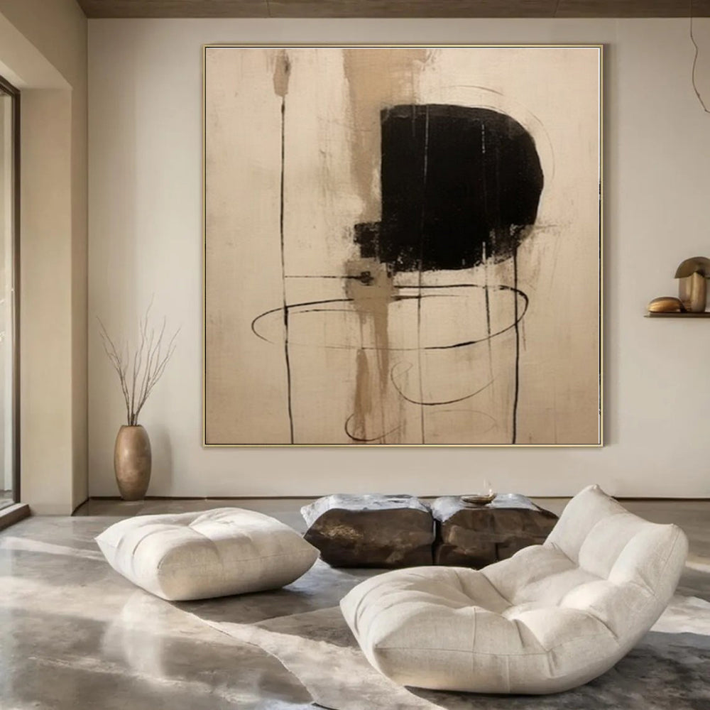 Minimalist Black & Beige Lines - Abstract Expressionist Ink & Acrylic CT1290