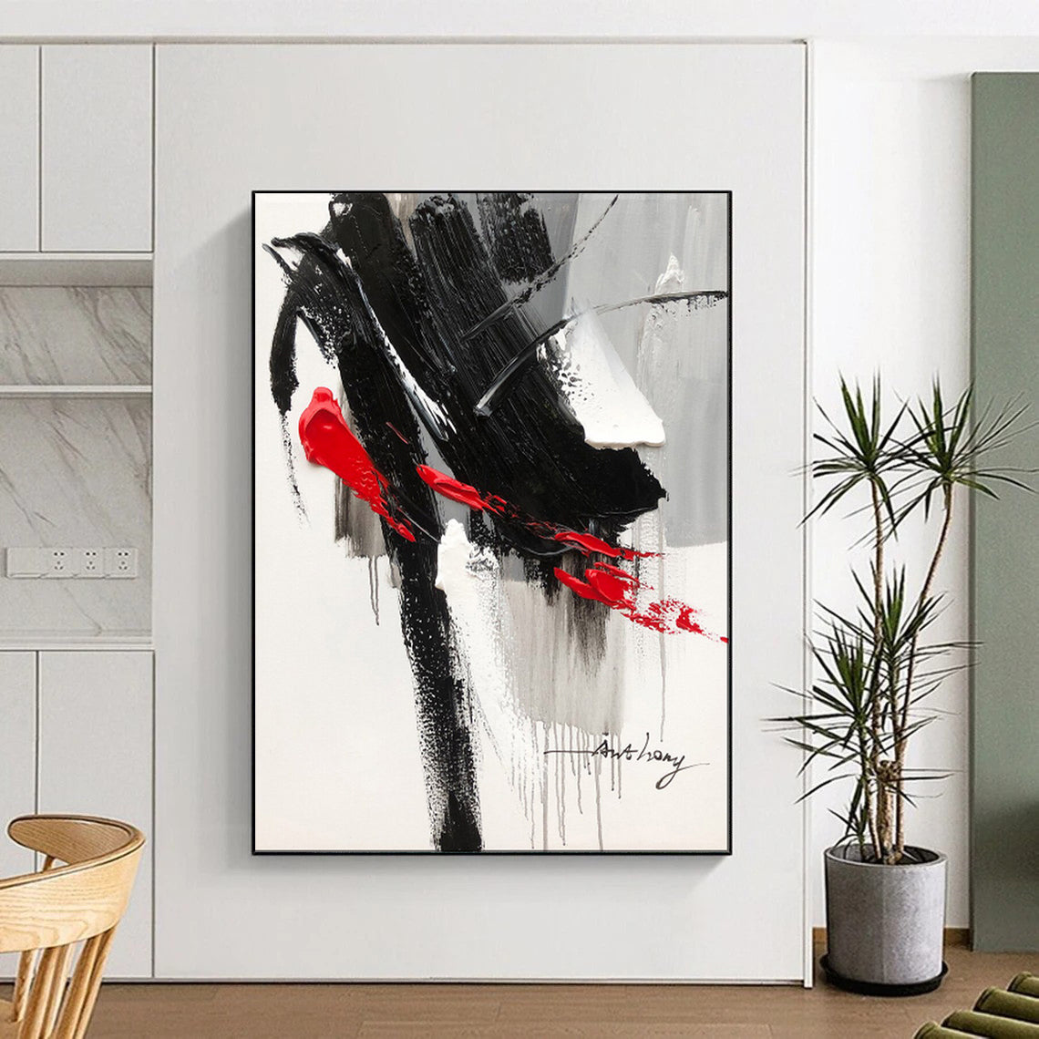 “Black, White, and Red Drama” – Bold Abstract Acrylic CT2088