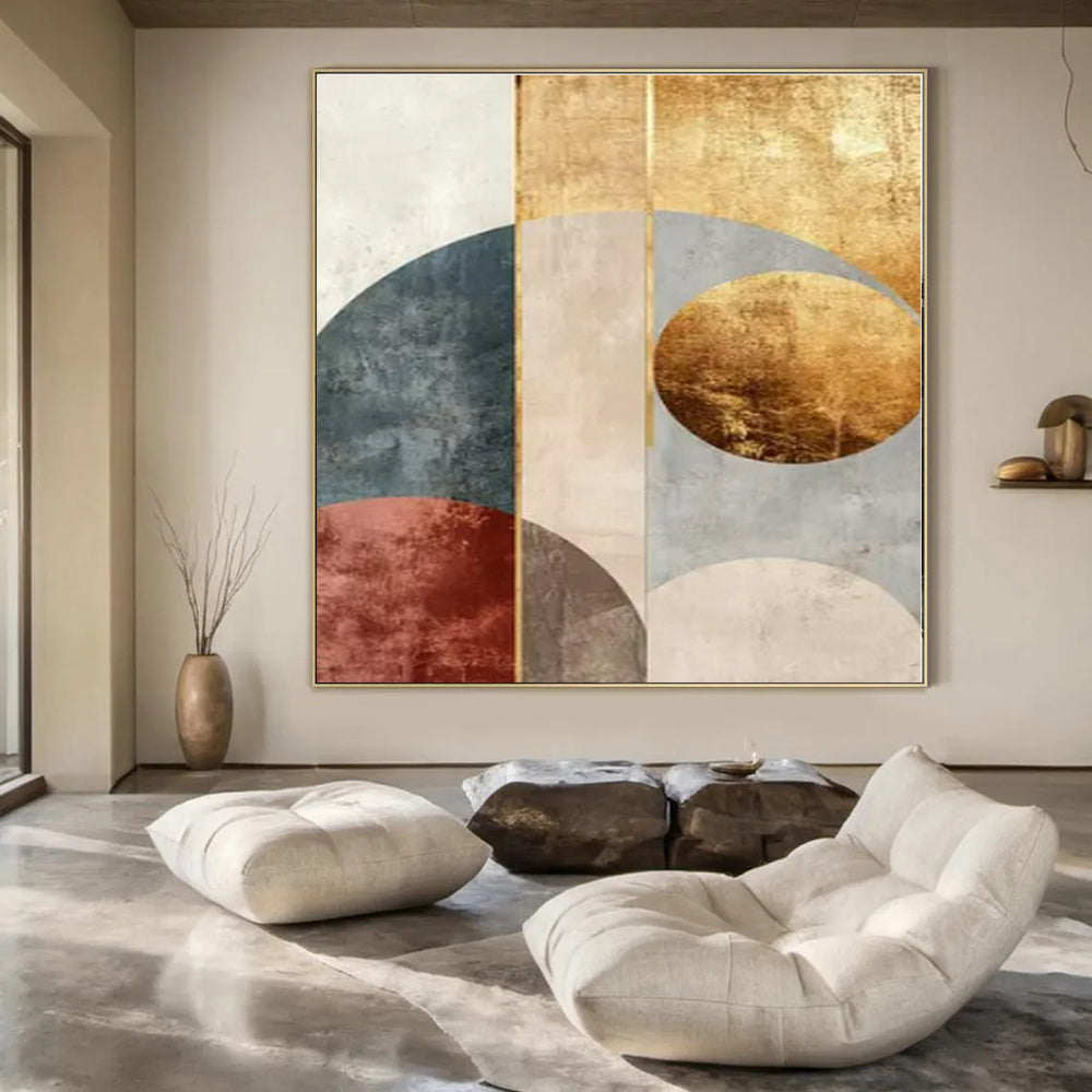 Geometric Arches: Gold, Blue & Rust II - Abstract Minimalist Print CT1247
