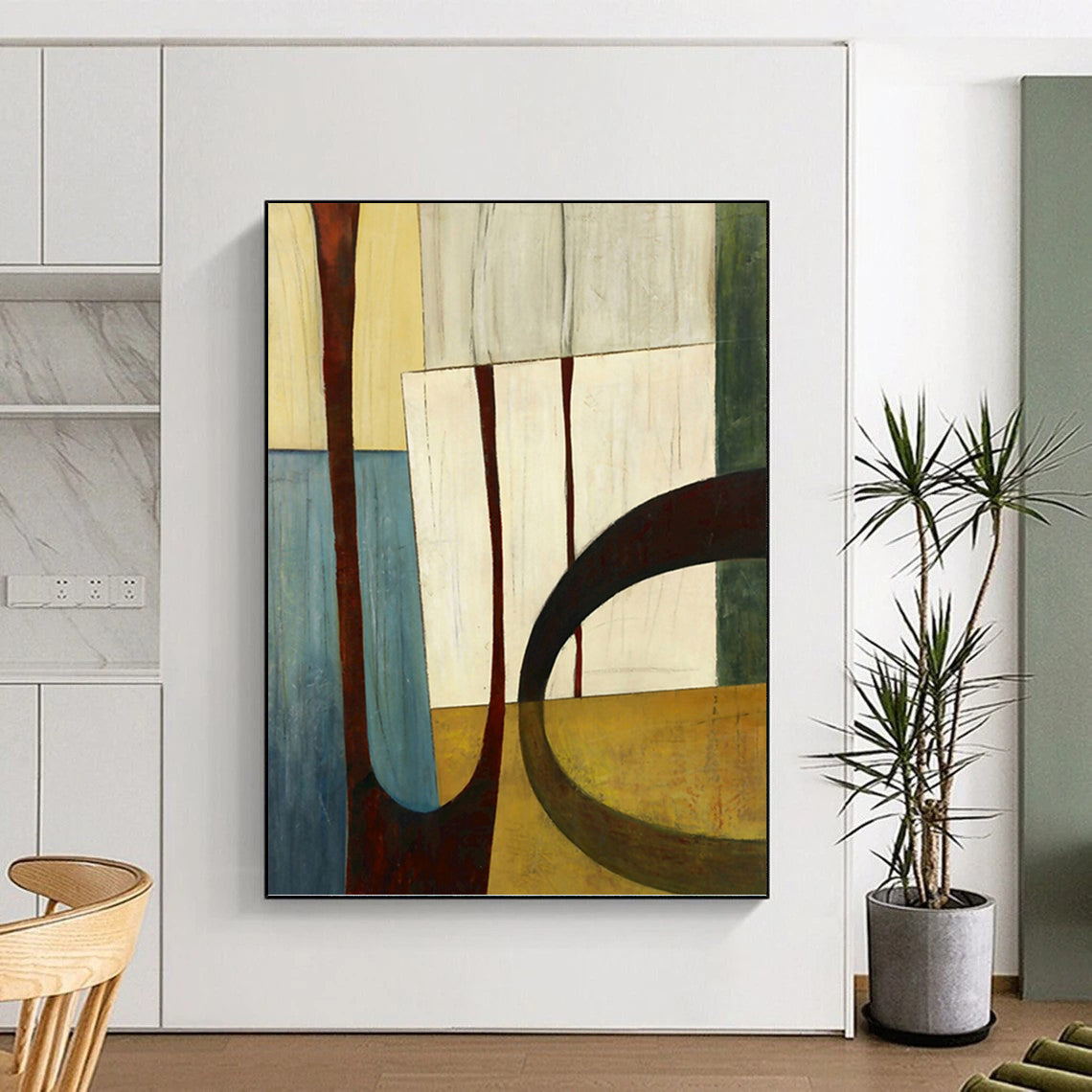 “Geometric Shapes in Earth Tones” - Brown, Beige & Blue Cubist - Inspired Painting On Canvas DKH0949