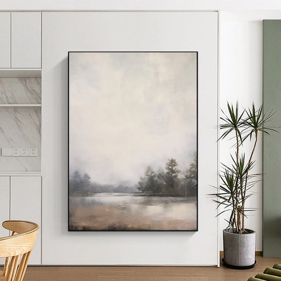 “Expansive Lake Mist” – Impressionistic Landscape Oil Painting with Hazy Gray Tones CT2057
