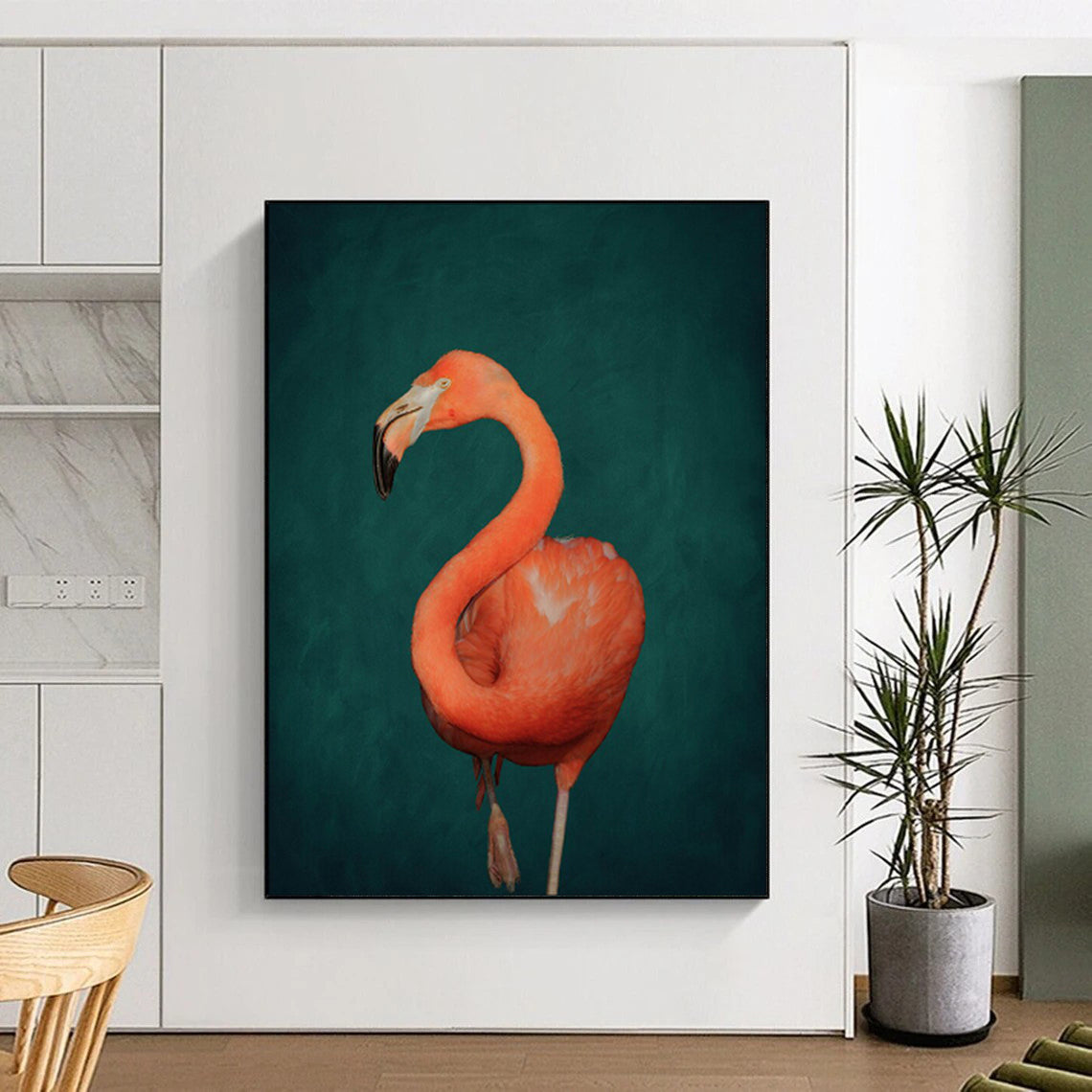 Vibrant Orange Flamingo Dark Green Realist Stylized Wildlife Art CT1920