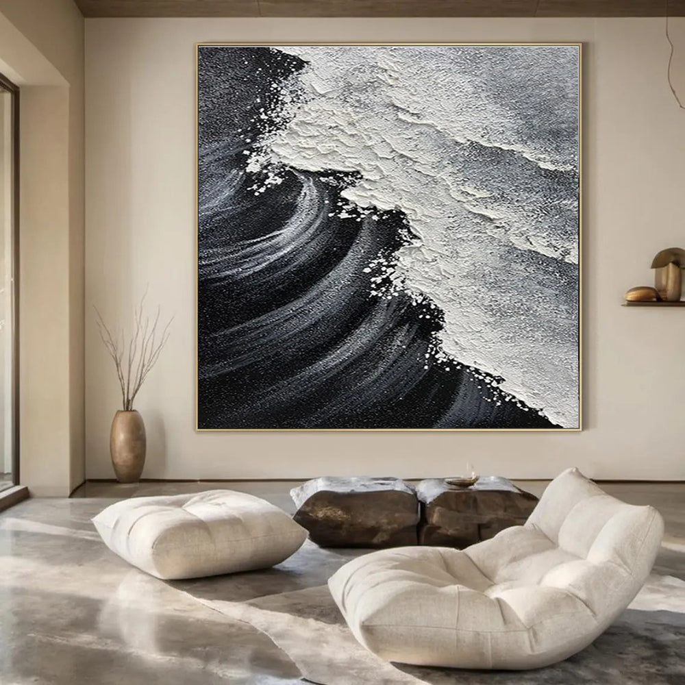 Black, White & Grey, Dynamic Wave - "Sea Rage" - Textured Abstract Acrylic Painting CT1484