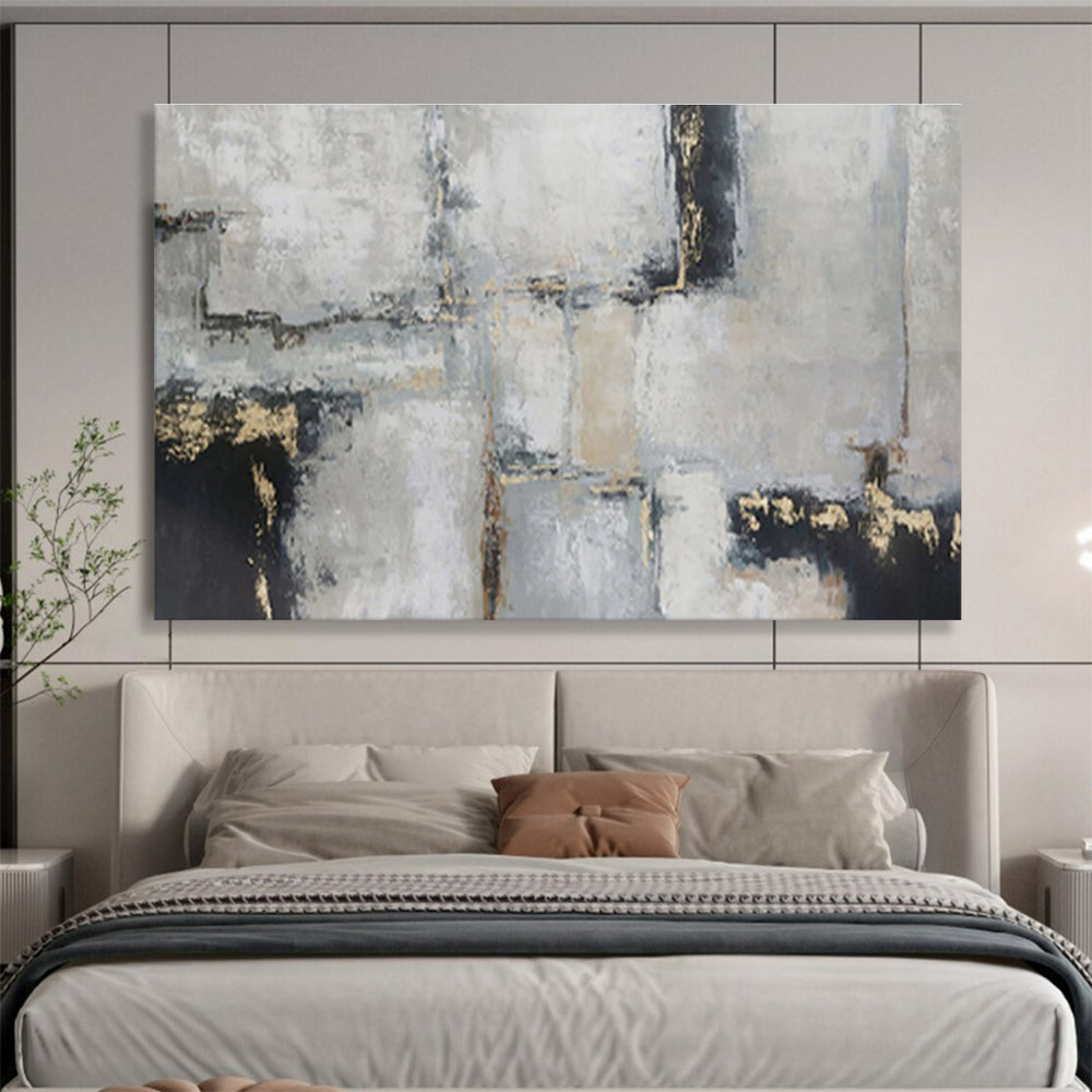 “Gray, Black & Gold Geometric Abstraction” Abstract Textured Painting On Canvas DKH351