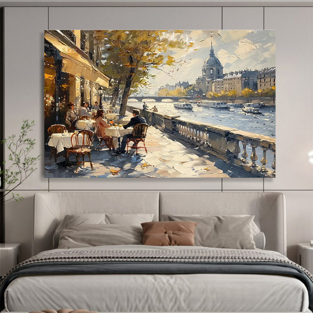 Parisian Riverside CafScene Painting On Canvas DKH666