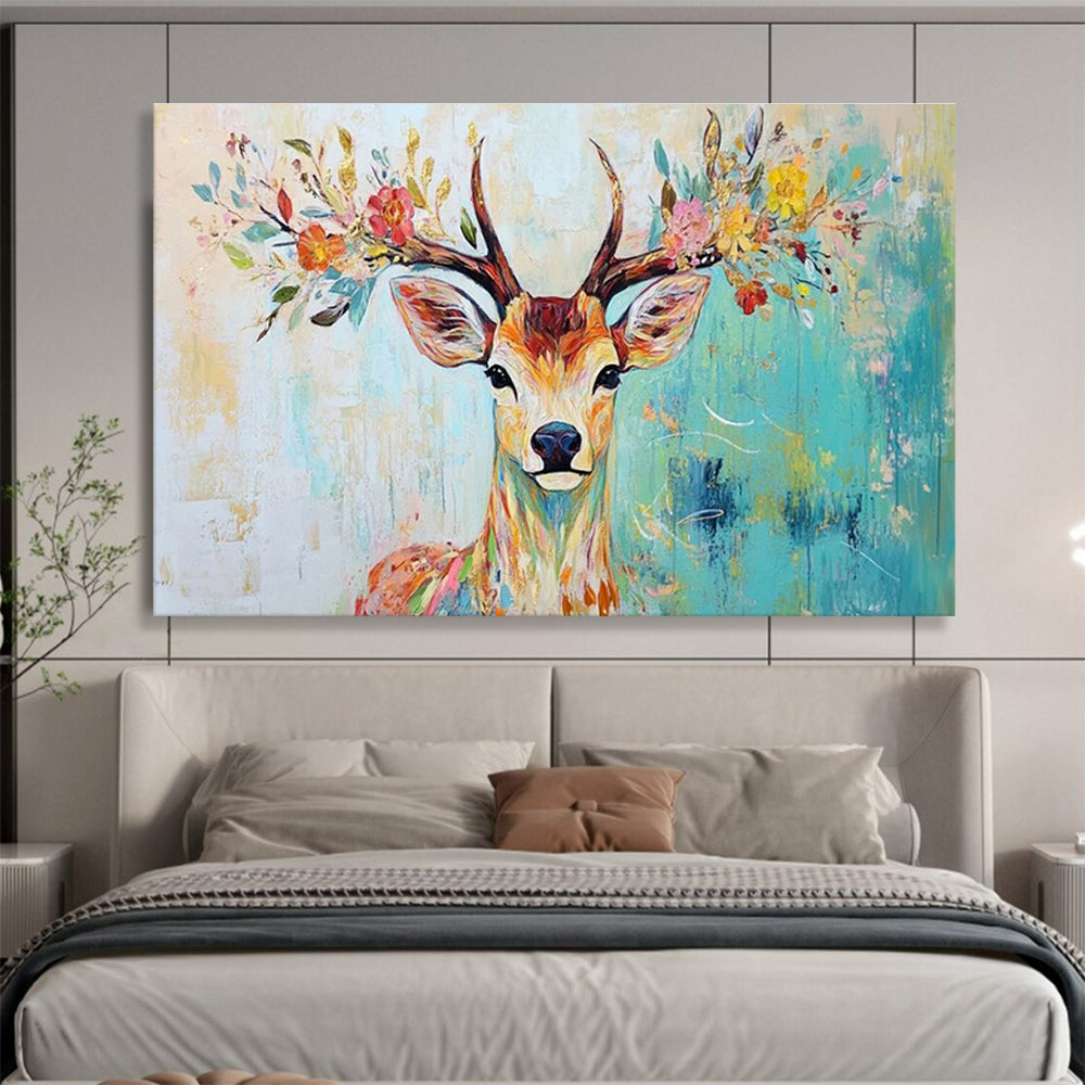 “Floral - Antlered Deer” - Whimsical Animal Painting On Canvas DKH803