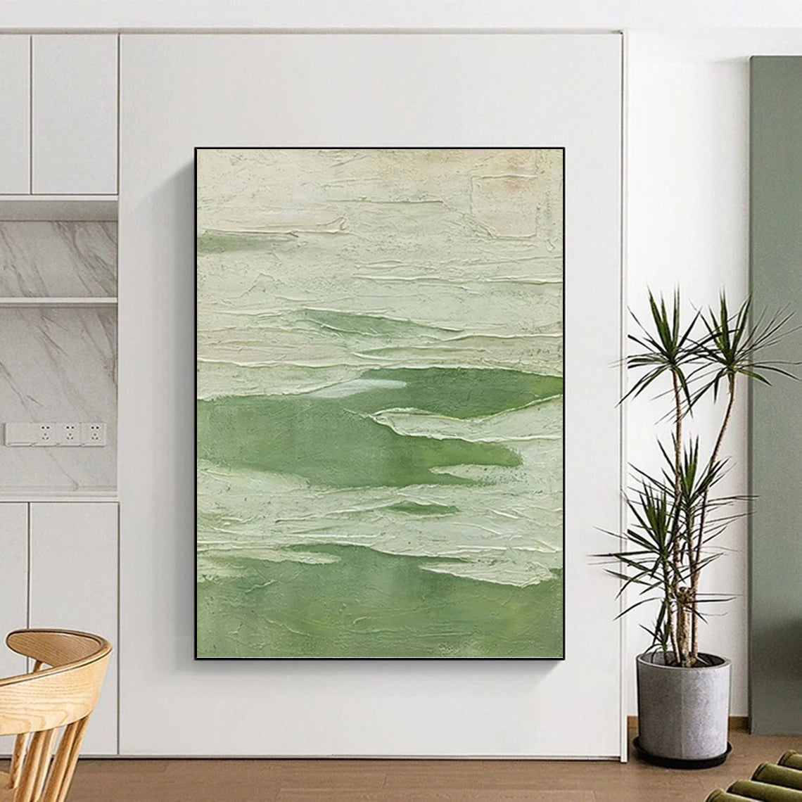 “Textured Green & White Layers” - Green & White Textured Abstract Painting On Canvas DKH1217