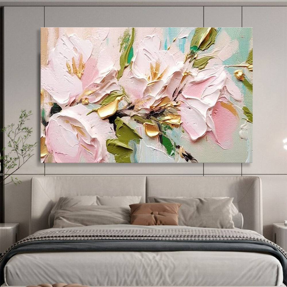 “Pink Flowers with Gold Accents”:Textured Floral Painting On Canvas DKH253