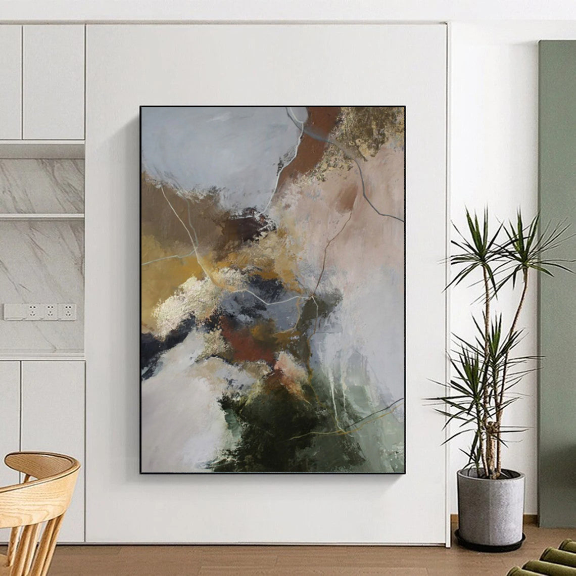 “Earth - Toned Abstract Mix” - Brown, Gold, Green & Gray Expressionistic Painting On Canvas DKH1004