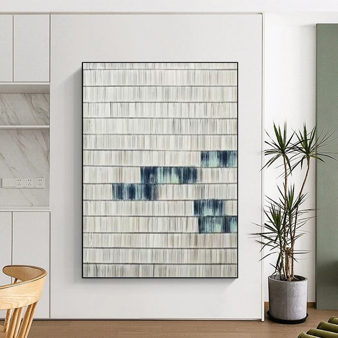 “Blue - Accented Textured Stripes” - Gray & Blue Minimalist Textured Painting On Canvas DKH1033