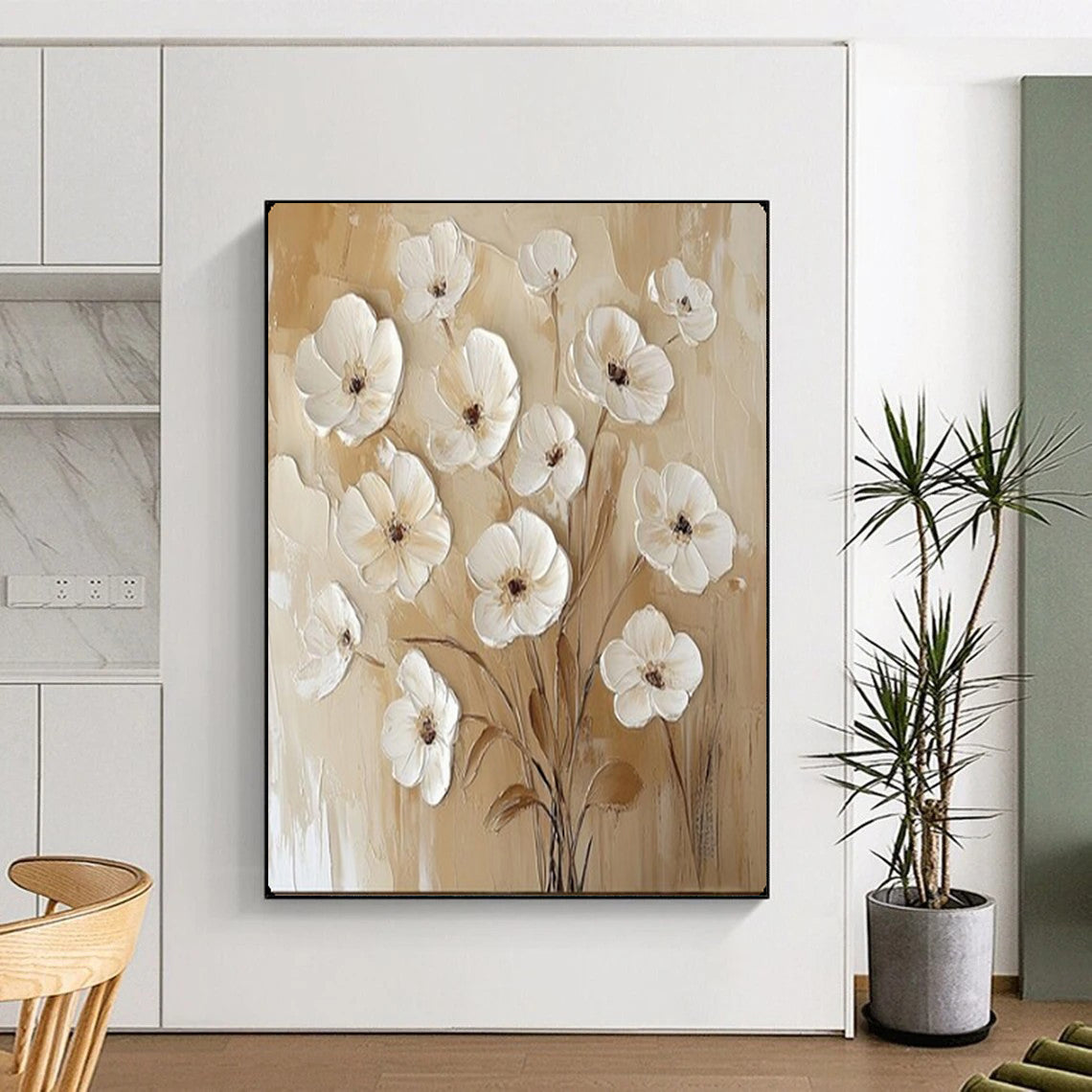 “Textured White Flowers on Beige” – Impasto Floral Oil Painting On Canvas CT2155