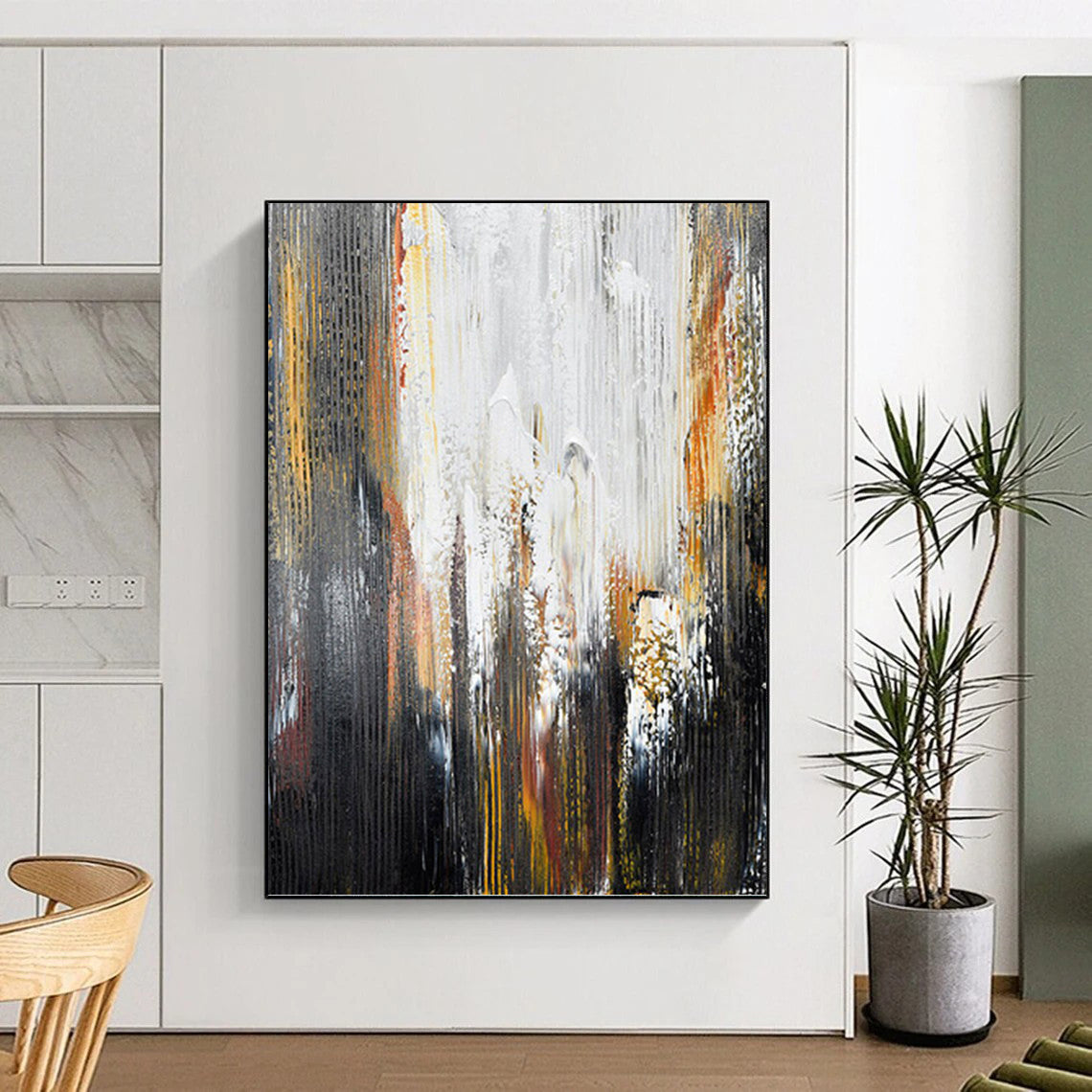 “Black - Gray - Gold Dynamic Abstract” Painting On Canvas DKH1229