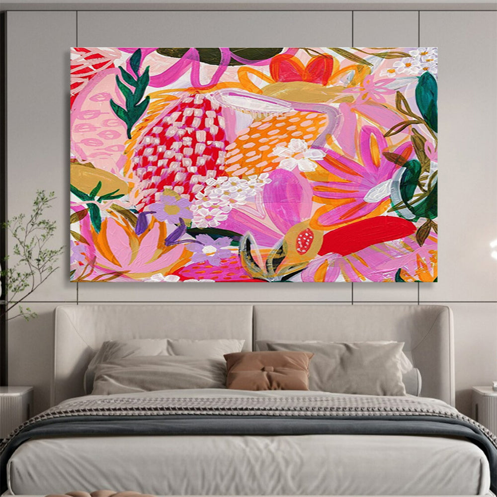 “Tropical Floral Fiesta” - Pink, Purple, Orange Exotic Floral Folk - Art Inspired Painting On Canvas DKH708
