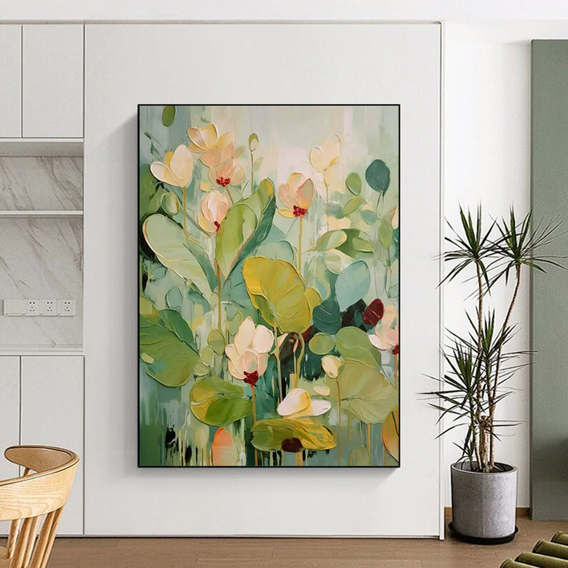 “Textured Flowers 2” - Green & White Floral Painting On Canvas CT2237