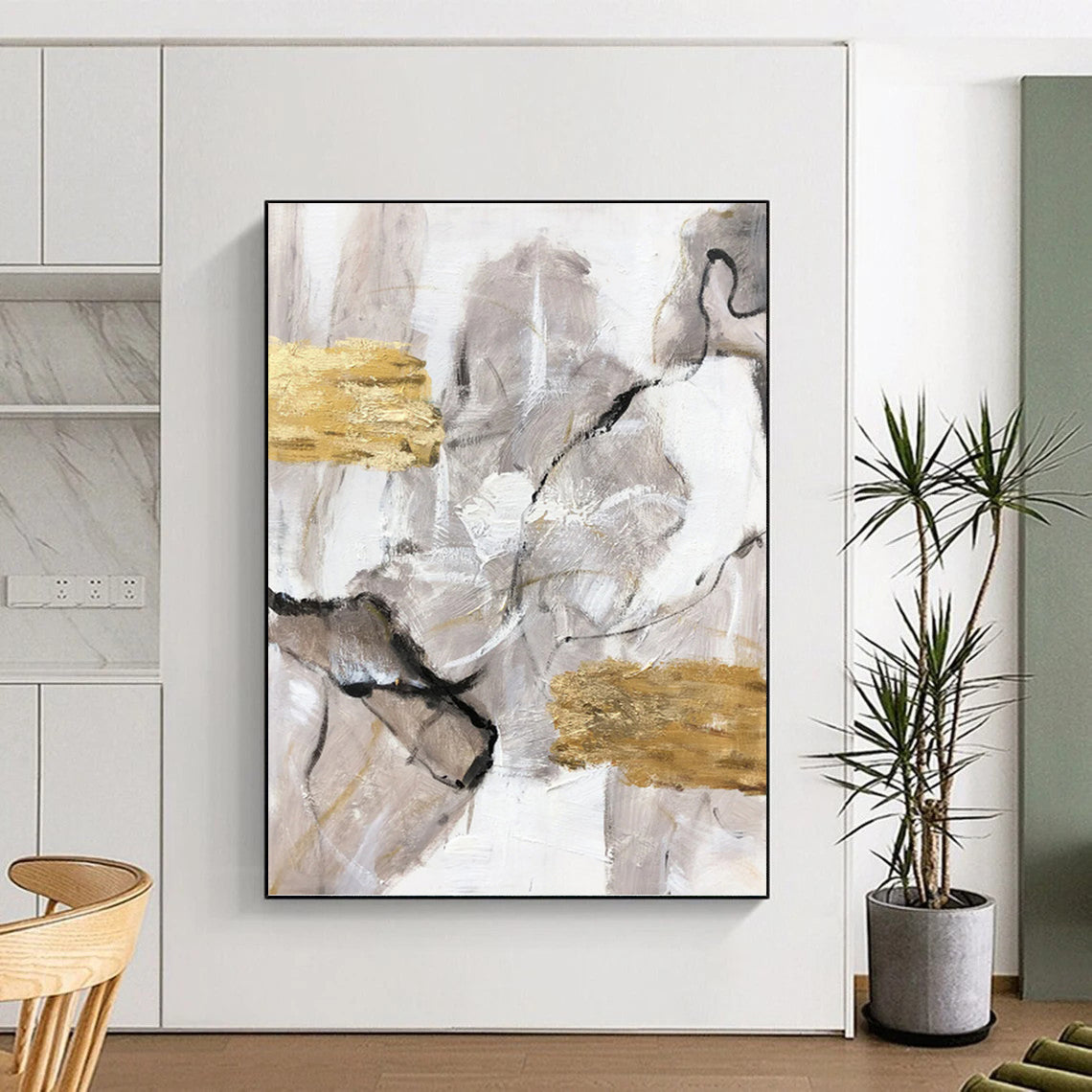 Neutral Abstract with Gold Accents - Minimalist Abstract Painting On Canvas DKH1301