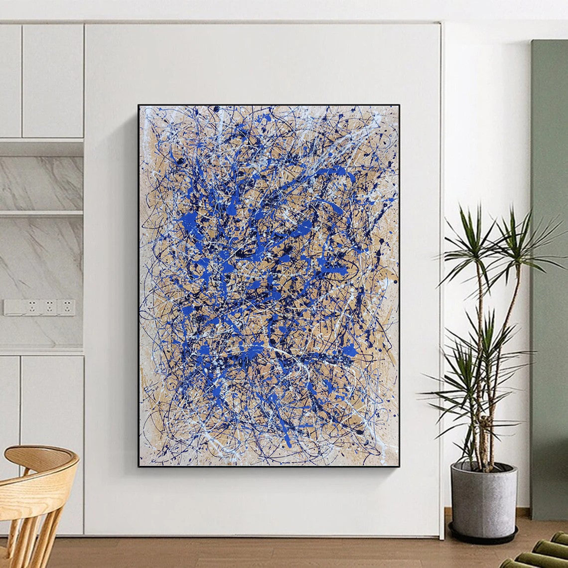“Blue Drip Chaos” - Blue & White Abstract Drip Painting On Canvas DKH1580