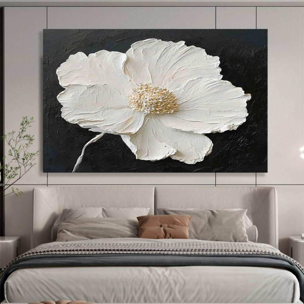 “Textured White Flower on Black” 3D Floral Painting On Canvas DLZ091