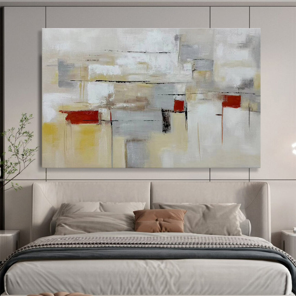 “Neutral Tones Abstract Geometry” - Beige, Gray, Red Minimalist Abstract Painting On Canvas DKH750