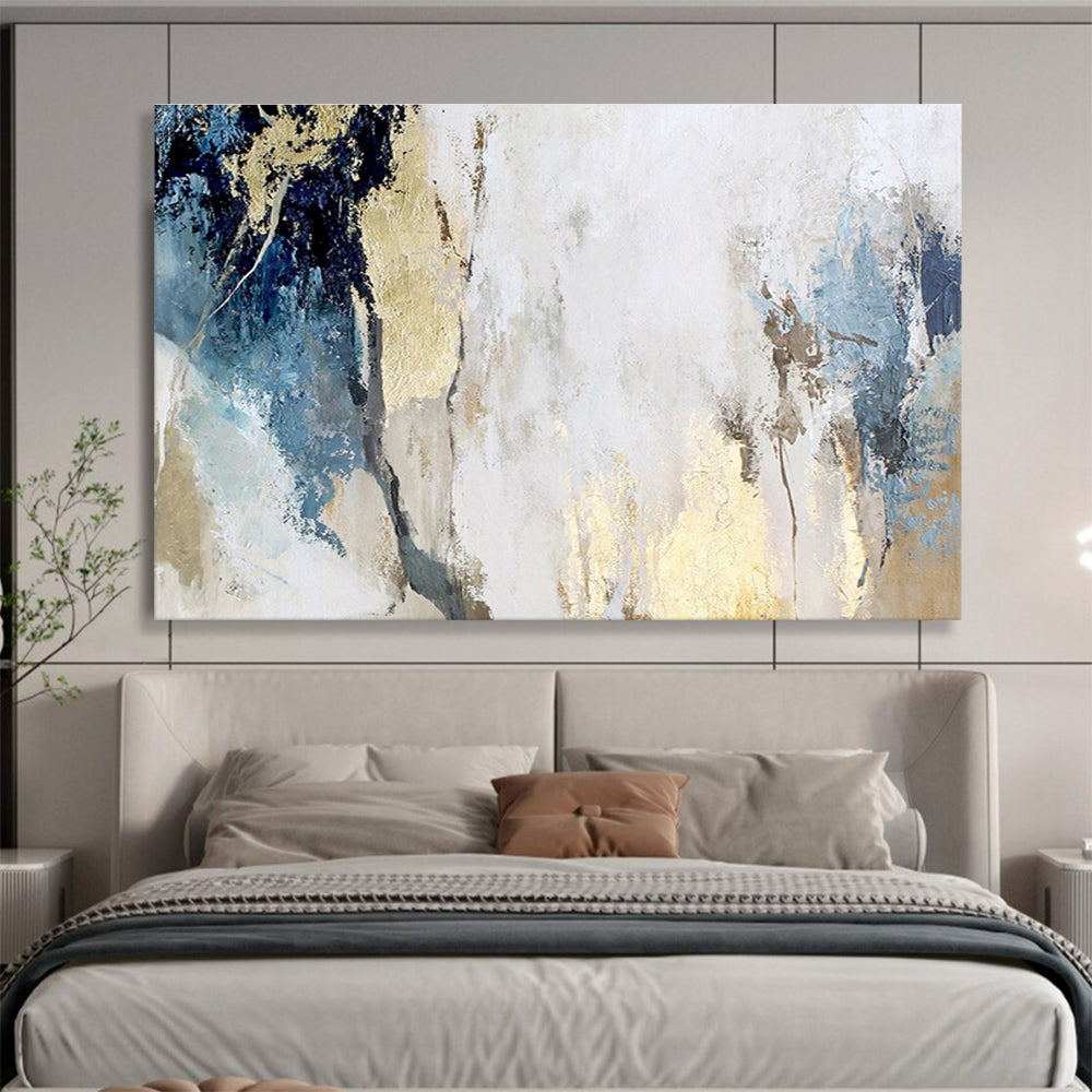 Blue, Gray, and Gold Abstract “Elegant Neutral Fusion” Painting On Canvas DKH128